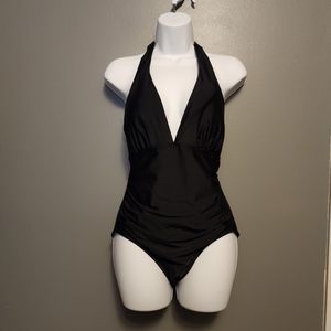 DKNY black halter plunging neckline one piece swimsuit Size Medium
